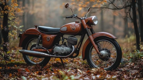 Vintage motorcycle stands on damp forest floor in autumn