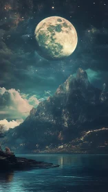 Large moon above mountainous lake in nocturnal landscape.