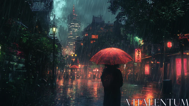 Solitary figure with red umbrella on neon lit rainy street.