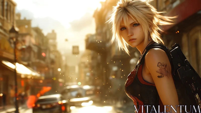 Backlit anime warrior in sunlit urban street environment