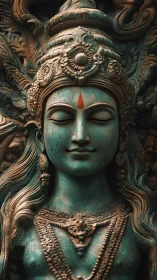 Serene bronze deity sculpture with ornate headdress detail.