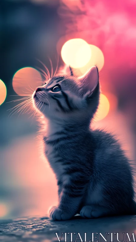 Kitten Gazing Upward at Glowing Lights.