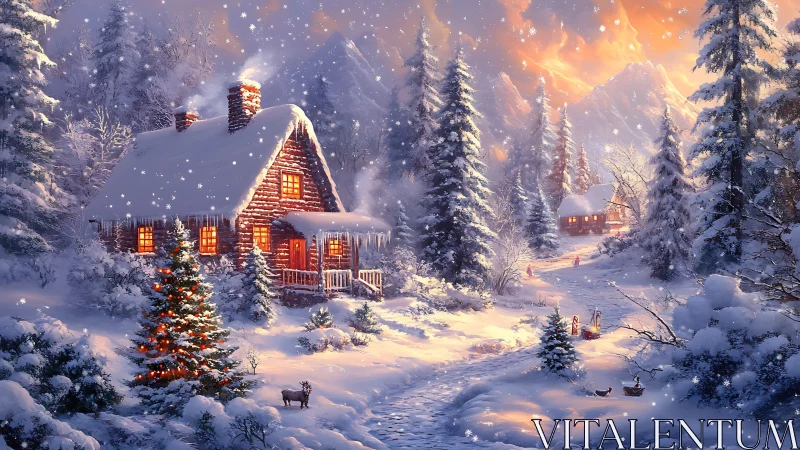 Radiant alpine log cabins amid luminant winter snowfall.