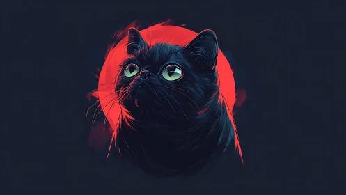 Digital Black Cat Portrait with Neon Halo Illumination.