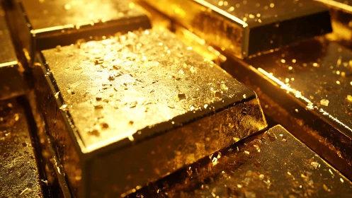 Gold bars in close arrangement under warm directional light.