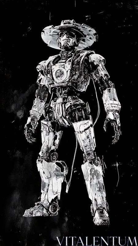 Cowboy mech strides from the void in scraped-metal monochrome