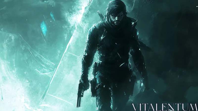 Armed lone warrior walks through icy blue digital storm.