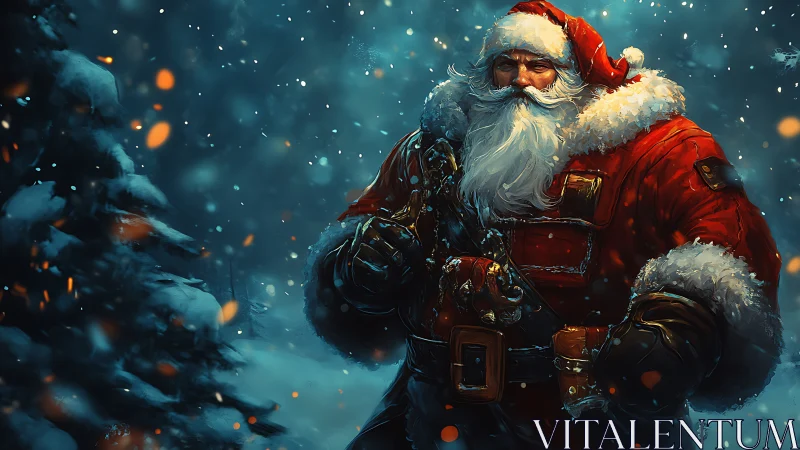 Battle-hardened Santa strides through embers and snowstorm night.