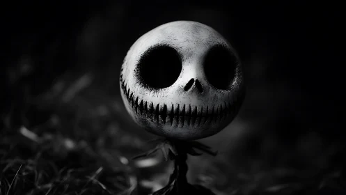 Gently eerie skull figure smiles from the soft darkness