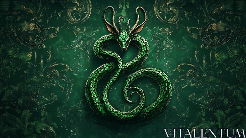 Serpentine dragon coils on baroque emerald ornamental field