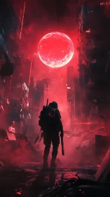 Red eclipse crowns a lone cyber-scout in ruined streets