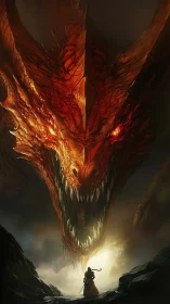 Giant fire dragon facing lone warrior in rocky canyon.