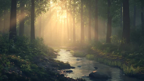 Sunlit Forest Stream: Nature's Golden Embrace.
