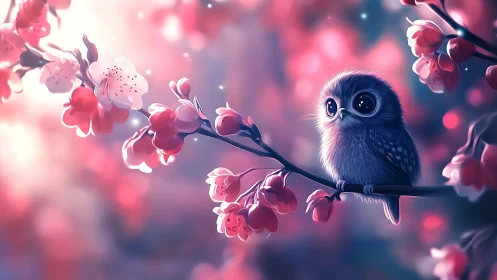 Adorable baby owl on cherry blossom branch in dreamy pastel art.