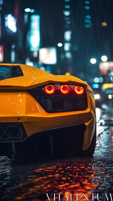 Yellow supercar rear in rain-soaked neon city street at night