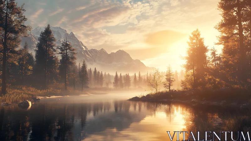 Mountain lake reflects pine forest at sunrise in mist
