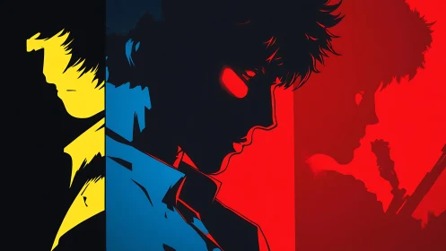 Triptych silhouette anime portrait in high-contrast chroma fields.