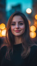 Shallow‑depth bokeh portrait with urban dusk luminance mapping.