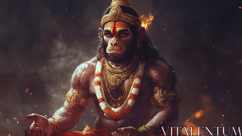 Mythic simian deity in meditative pose amid embers and smoke