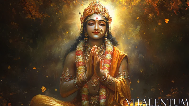 Divine figure in golden robes meditating amid glowing aura.