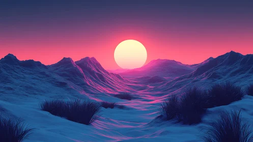 Dreamlike neon sun sinks over glowing snowbound valley