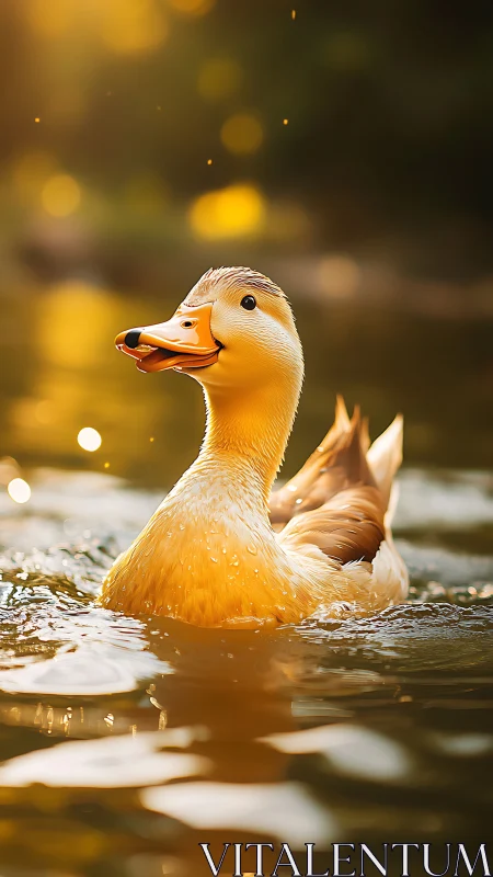Golden light duck portrait in shimmering backlit water.