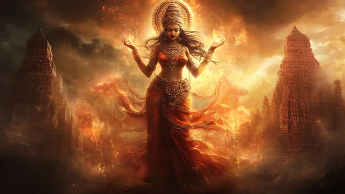 Radiant fire goddess rises in swirling light above temples