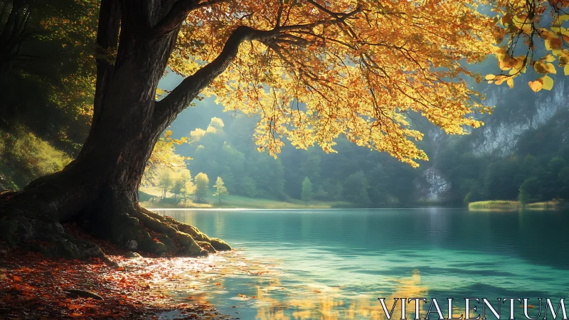 Sunlit autumn canopy over turquoise lake with layered depth haze