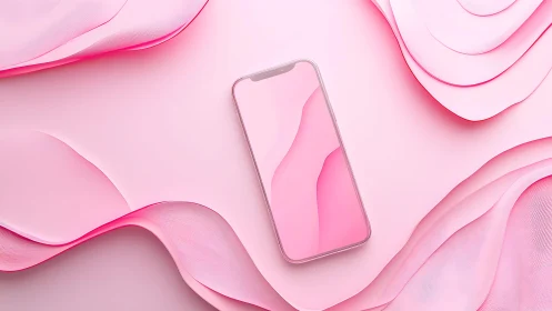 Modern smartphone on abstract pink background, soft pastel style.