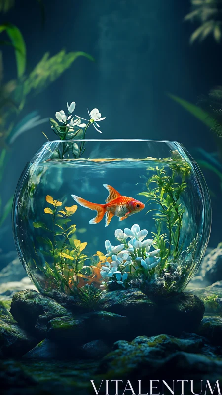 Goldfish in glass bowl among underwater plants.