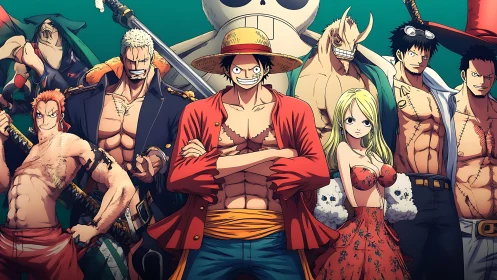 Anime pirate crew lineup under bold teal sky illustration.