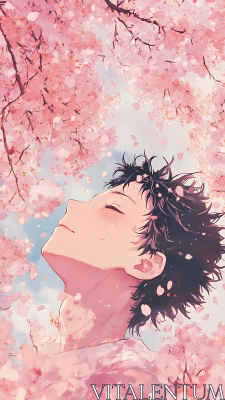 Petal-bright serenity cradles a quiet tear beneath spring skies