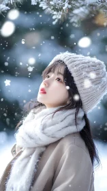 Young woman in winter portrait observes falling snowflakes outdoors