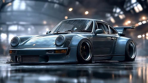 Low-slung turbo legend prowls beneath shimmering warehouse lights