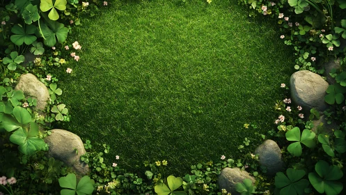Lush clover clearing framed by stones and wildflowers.