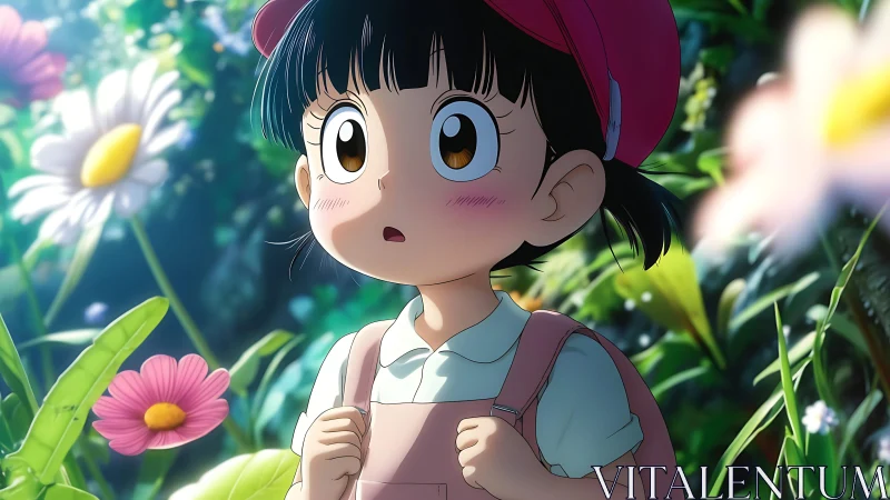 Wide-eyed garden wanderer bathed in sparkling morning wonder.