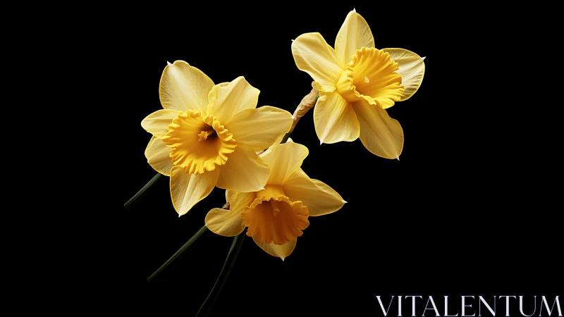 Three Golden Daffodils Strike Dramatic Poses Against Darkness
