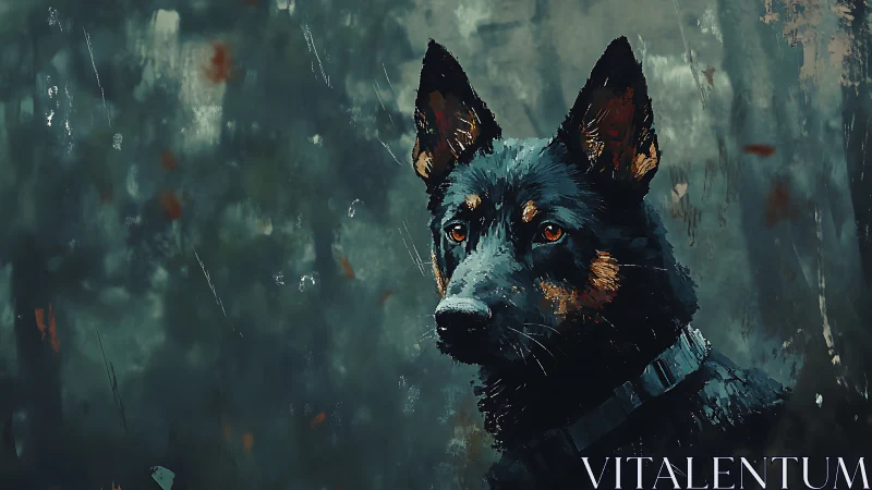 Midnight shepherd sentinel in mist-swirled forest hush.