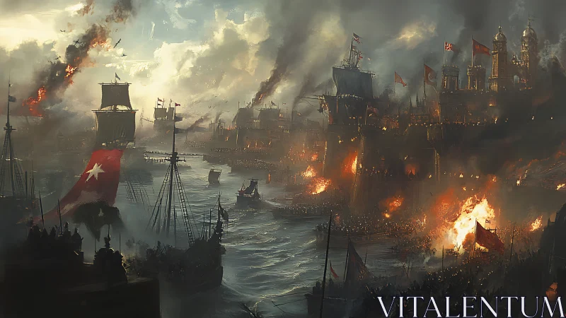 Storm-swept harbor erupts in blazing siege and roaring flames