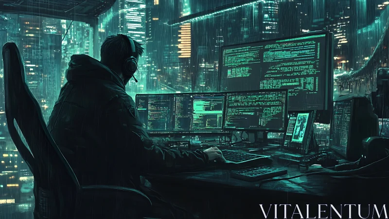 Midnight rain scripts neon code across a cyberpunk skyline