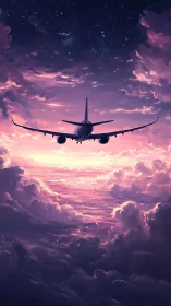Widebody airliner silhouette ascending through violet dusk cloudscape