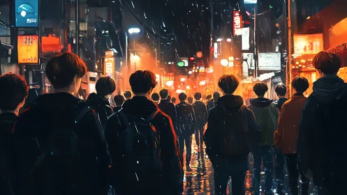 Neon rain corrals a crowd of doubles into glowing alleys