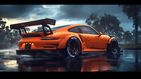 Orange widebody GT sports car in cinematic rain scene.