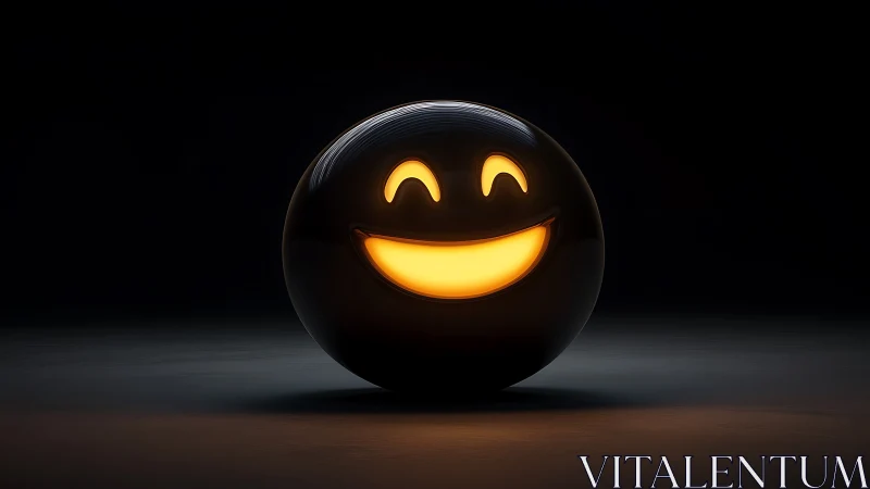 Smiling black sphere with internal amber glow on dark stage.