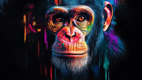 Chromatic chimpanzee portrait renders neon-lit facial anatomy