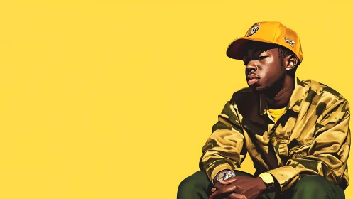 Yellow daydream in camo jacket and brimmed streetlight glow.