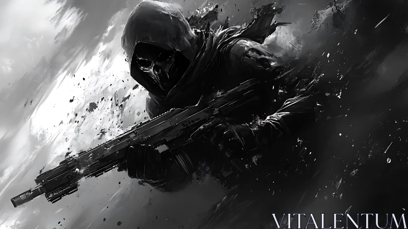 Hooded skeletal sniper advances through swirling monochrome storm