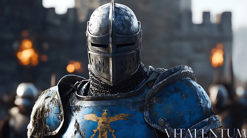 Armored medieval knight stands in blue plate armor