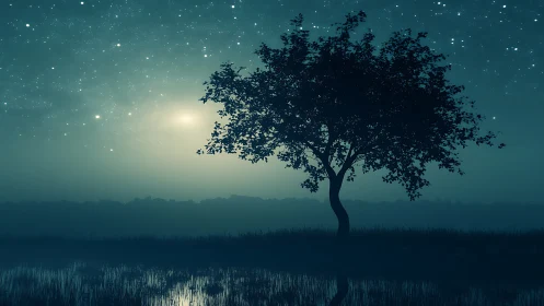 Solitary lakeside tree silhouetted against a star-dense night sky