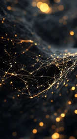 Golden particle network spans dark abstract digital surface
